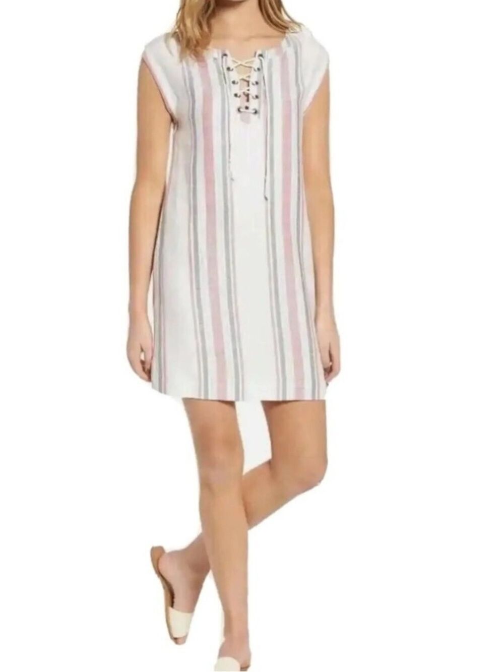 Cupcakes & Cashmere linen blend Reed Striped shift dress Lace-Up detail large
